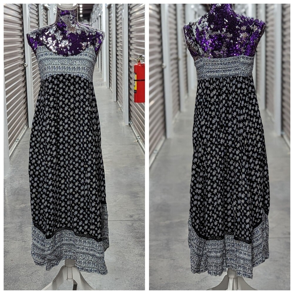 Cottagecore Boho Western American Eagle Maxi Dress Smocked Festival Hippie Small